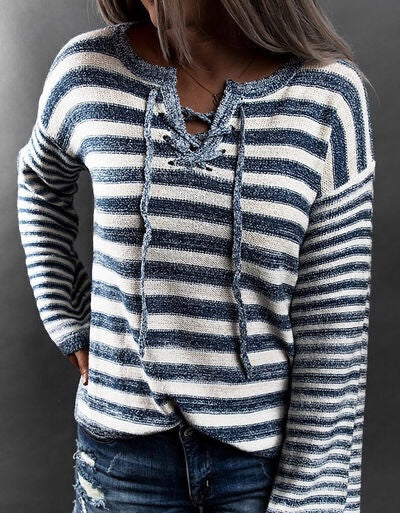 Striped Lace Up Bell Sleeve Sweater