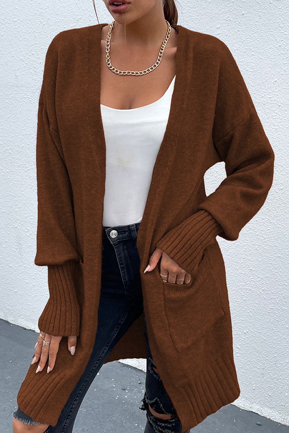 Tereasa Open Front Dropped Shoulder Pocketed Cardigan