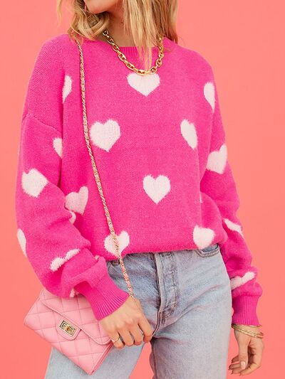 Heart Round Neck Dropped Shoulder Sweater’s