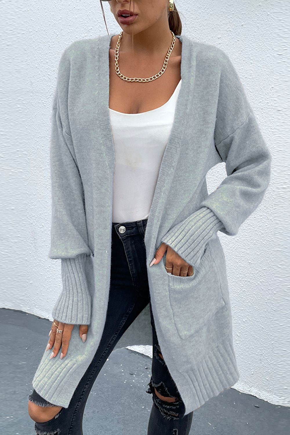 Tereasa Open Front Dropped Shoulder Pocketed Cardigan