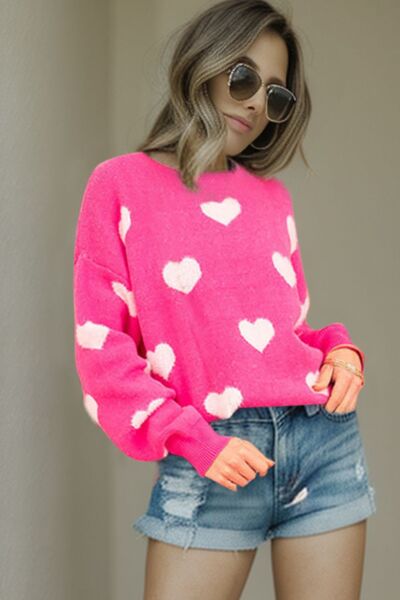 Heart Round Neck Dropped Shoulder Sweater’s