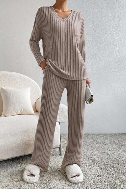 On top of the world -Ribbed V-Neck Top and Pants Set