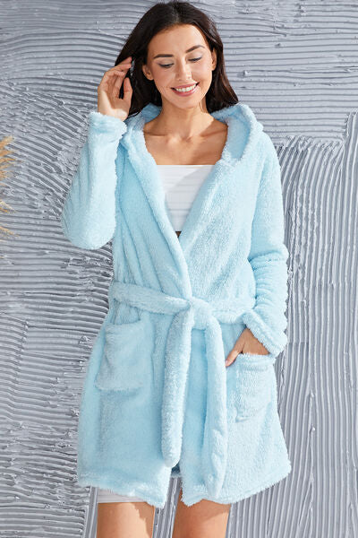 Counting sheep Fuzzy Tied Pocketed Hooded Lounge Nightgown