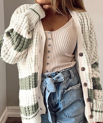 Plus Size Striped Button Up Dropped Shoulder Cardigan