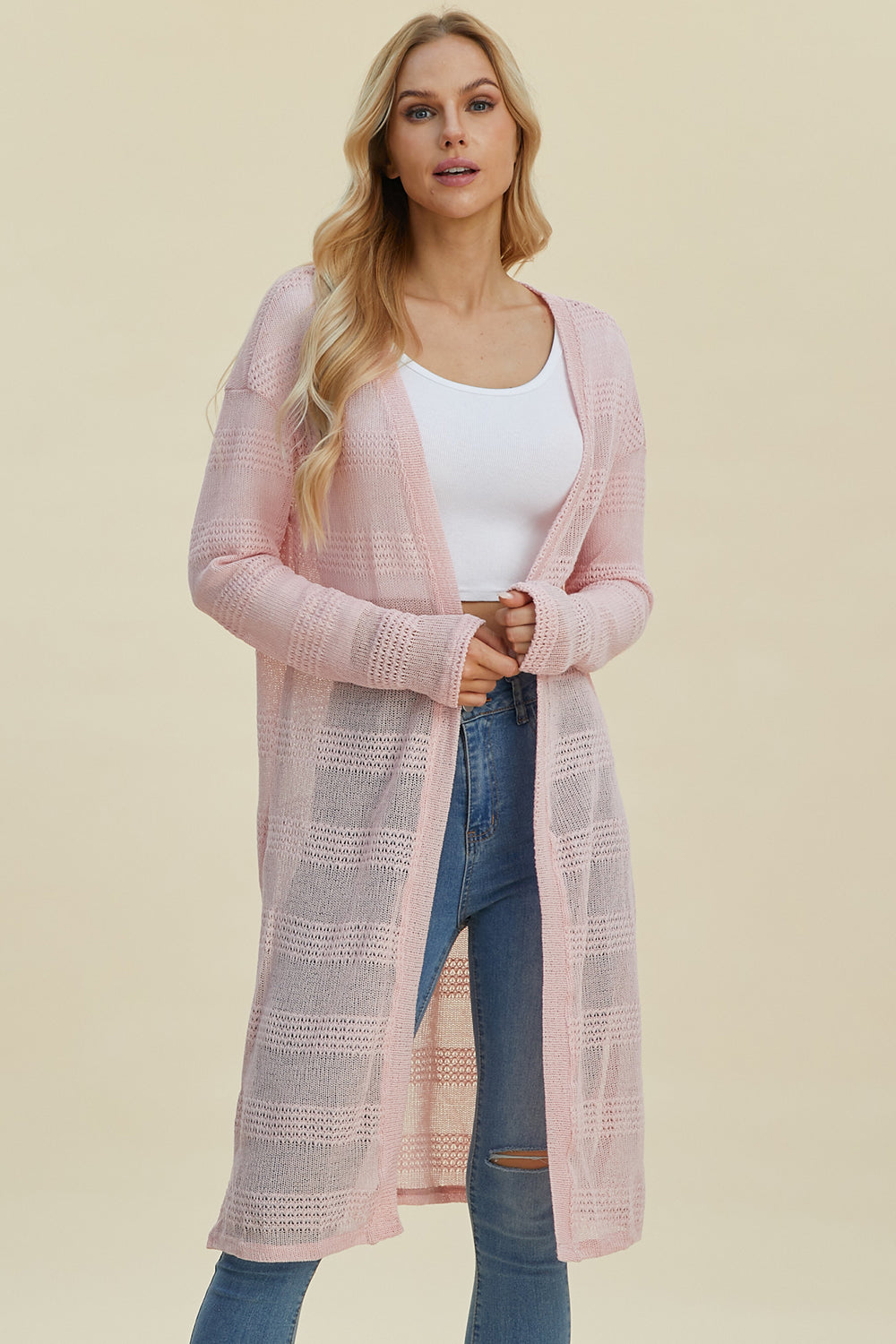 Double Take Full Size Open Front Longline Cardigan