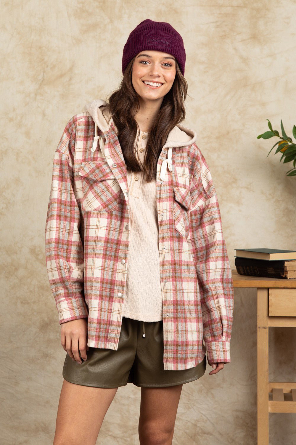 Drawstring Plaid Long Sleeve Hooded Jacket