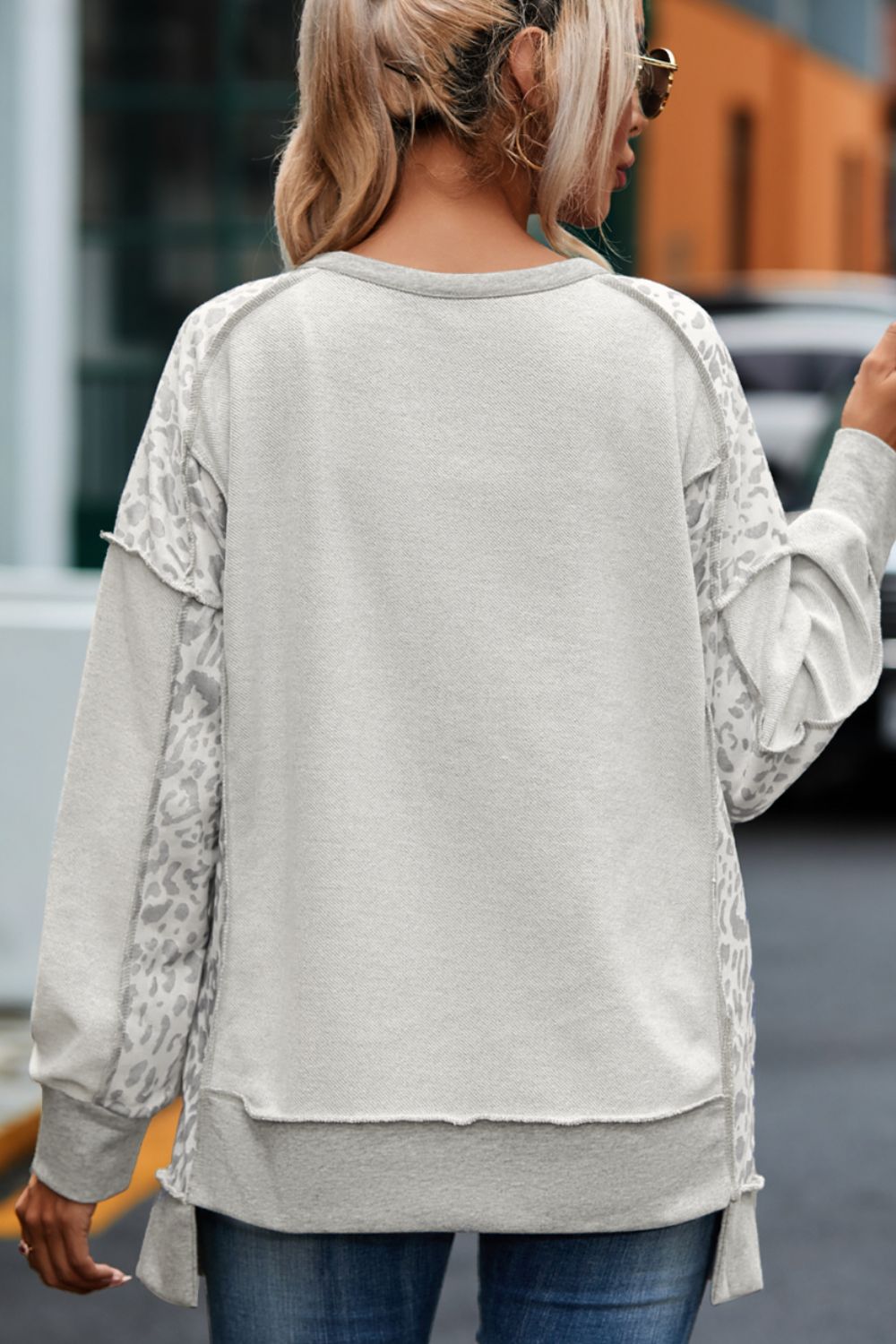 Exposed Seam Leopard Long Sleeve Sweatshirt