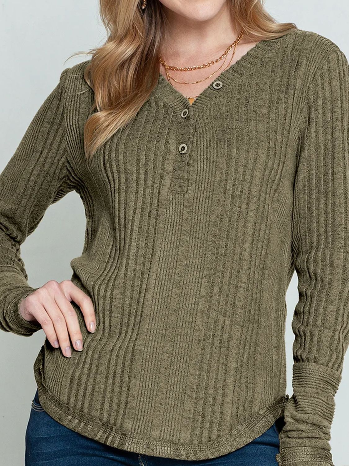 Textured V-Neck Long Sleeve T-Shirt