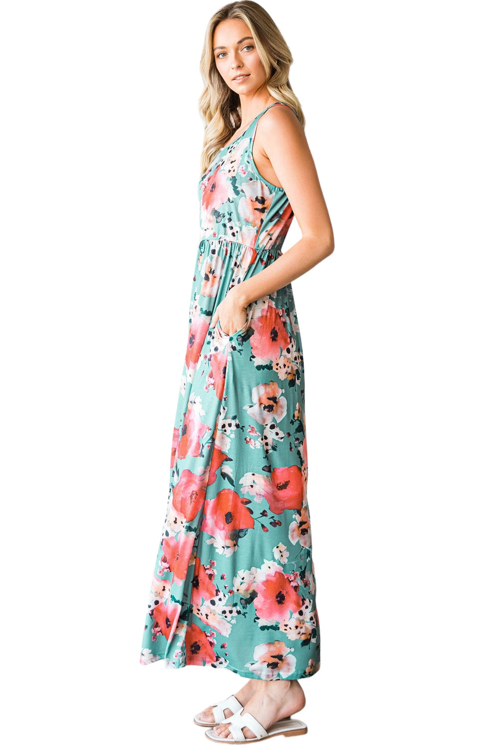 Floral Sleeveless Maxi Dress with Pockets