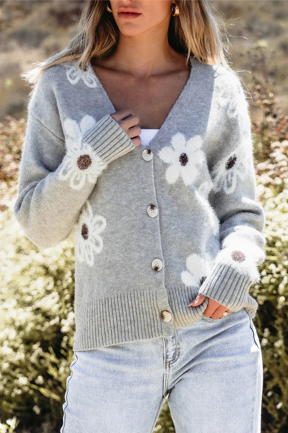 Flower Button Up Long Sleeve Cardigan