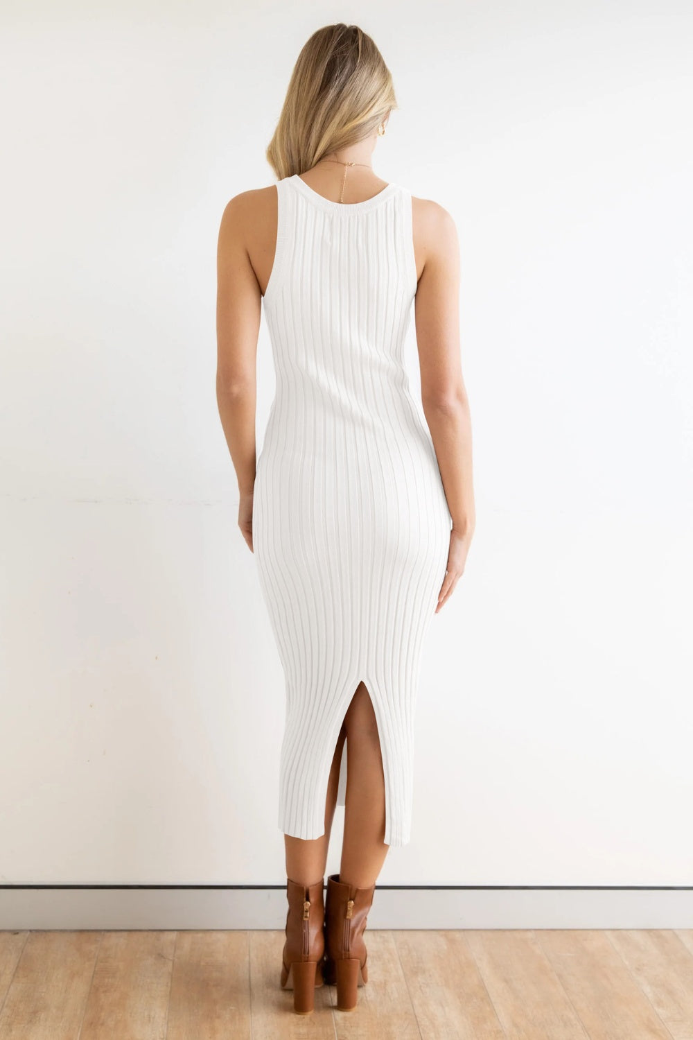 Slit Ribbed Round Neck Sleeveless Dress