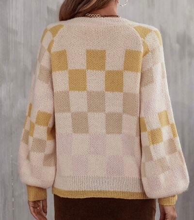 Insider Checkered V-Neck Lantern Sleeve Sweater