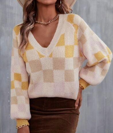 Insider Checkered V-Neck Lantern Sleeve Sweater