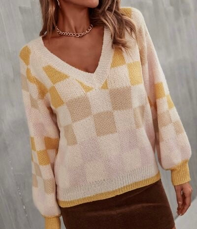 Insider Checkered V-Neck Lantern Sleeve Sweater