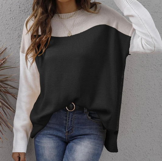 Color Block Round Neck Dropped Shoulder Sweater