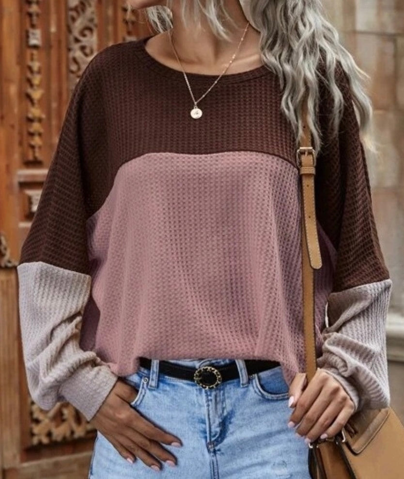 Color Block Waffle-Knit Long Sleeve Top