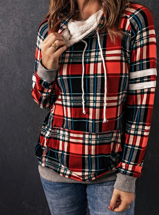 Plaid Drawstring Long Sleeve Sweatshirt