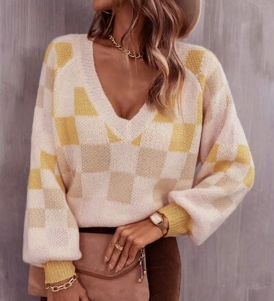 Insider Checkered V-Neck Lantern Sleeve Sweater