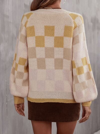 Insider Checkered V-Neck Lantern Sleeve Sweater