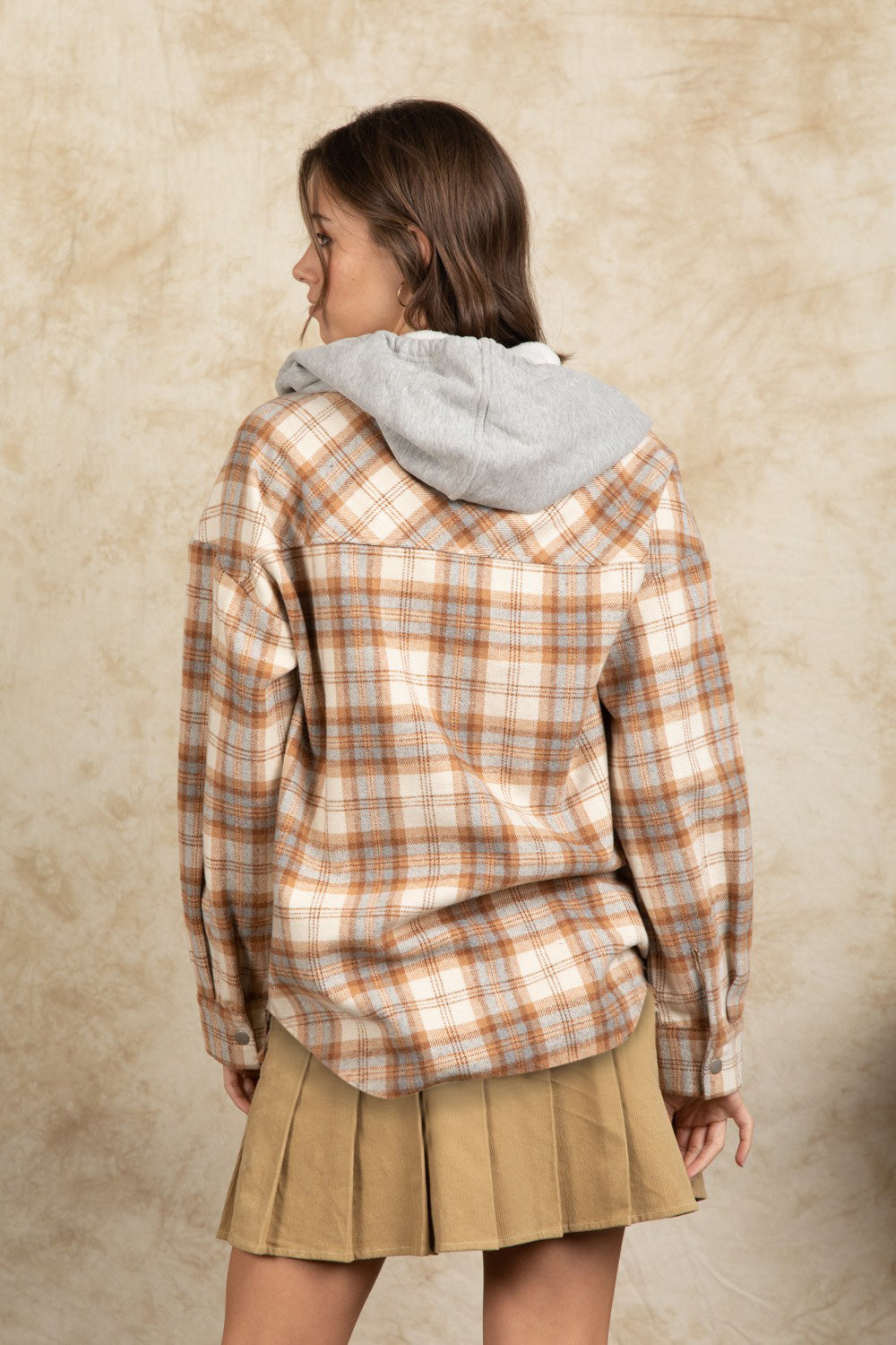 Drawstring Plaid Long Sleeve Hooded Jacket