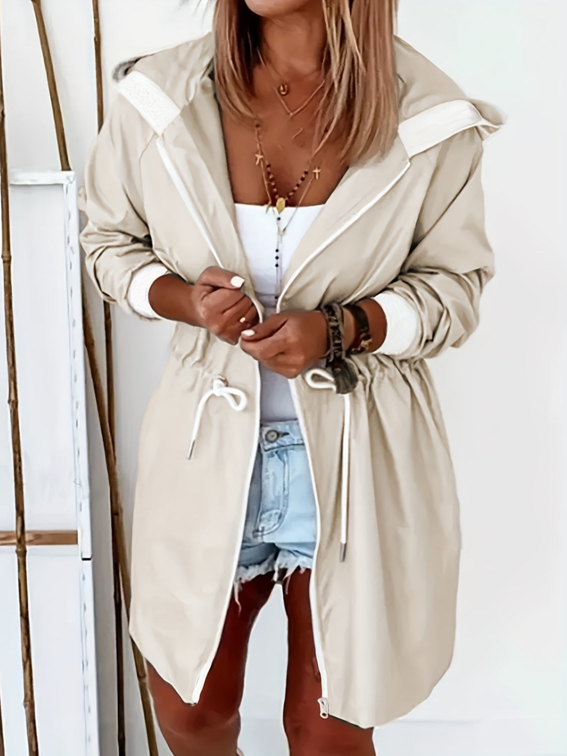 Drawstring Long Sleeve Hooded Trench Coat