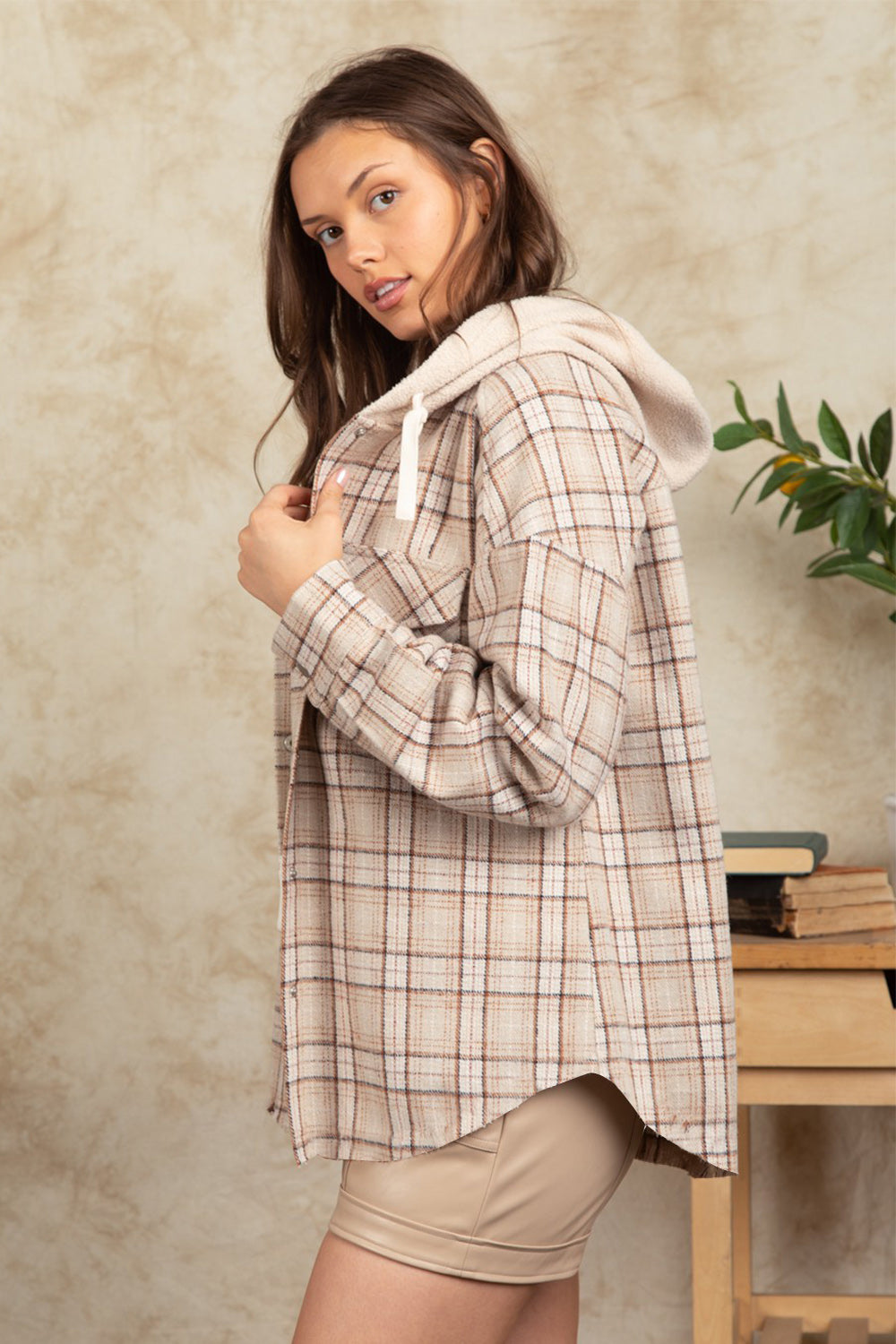 Drawstring Plaid Long Sleeve Hooded Jacket