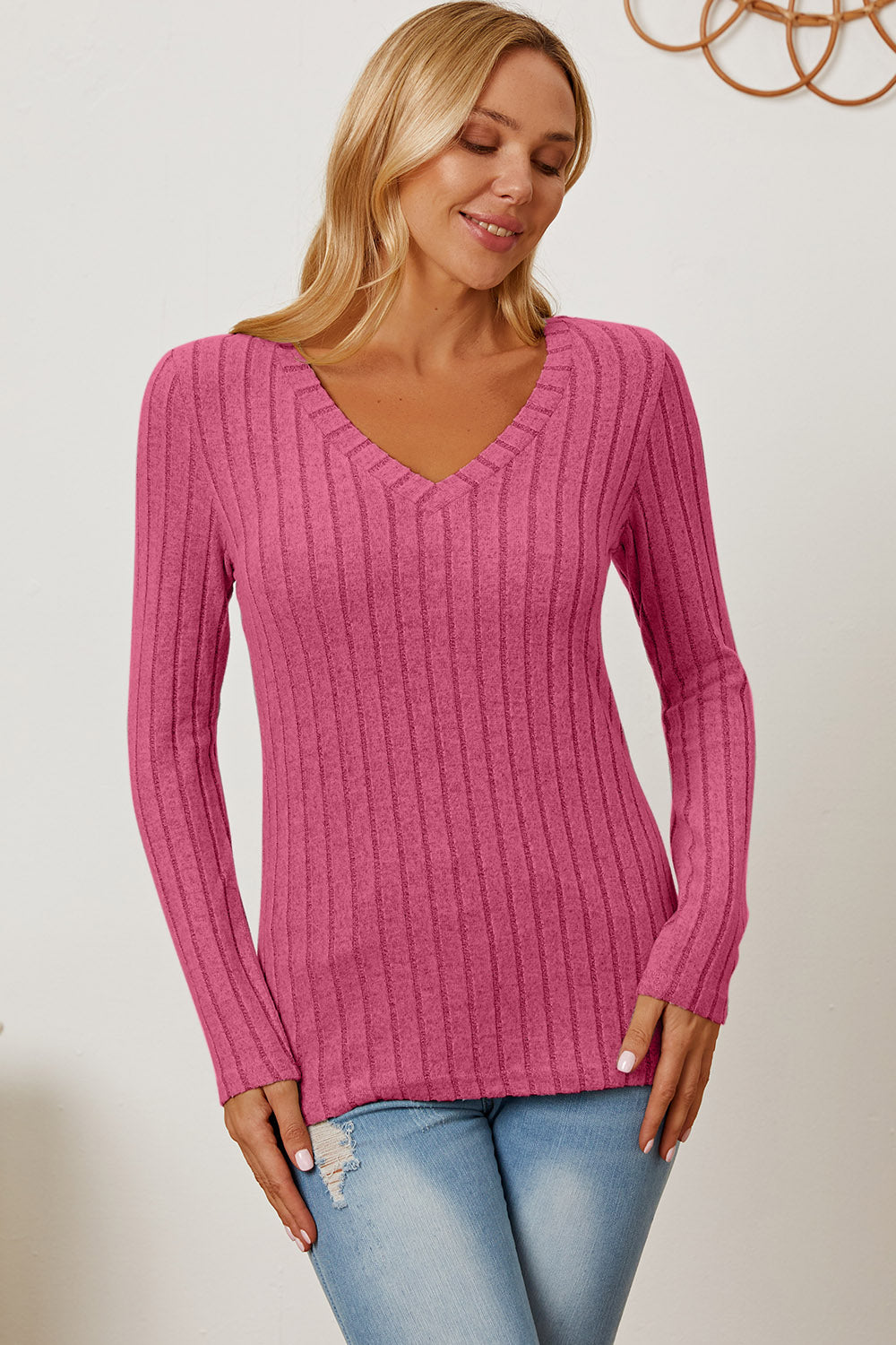 Calm and comfy Full Size Ribbed V-Neck Long Sleeve T-Shirt