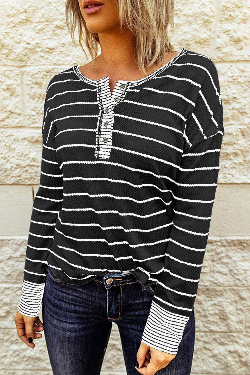 Striped Waffle Knit Henley Long Sleeve Top