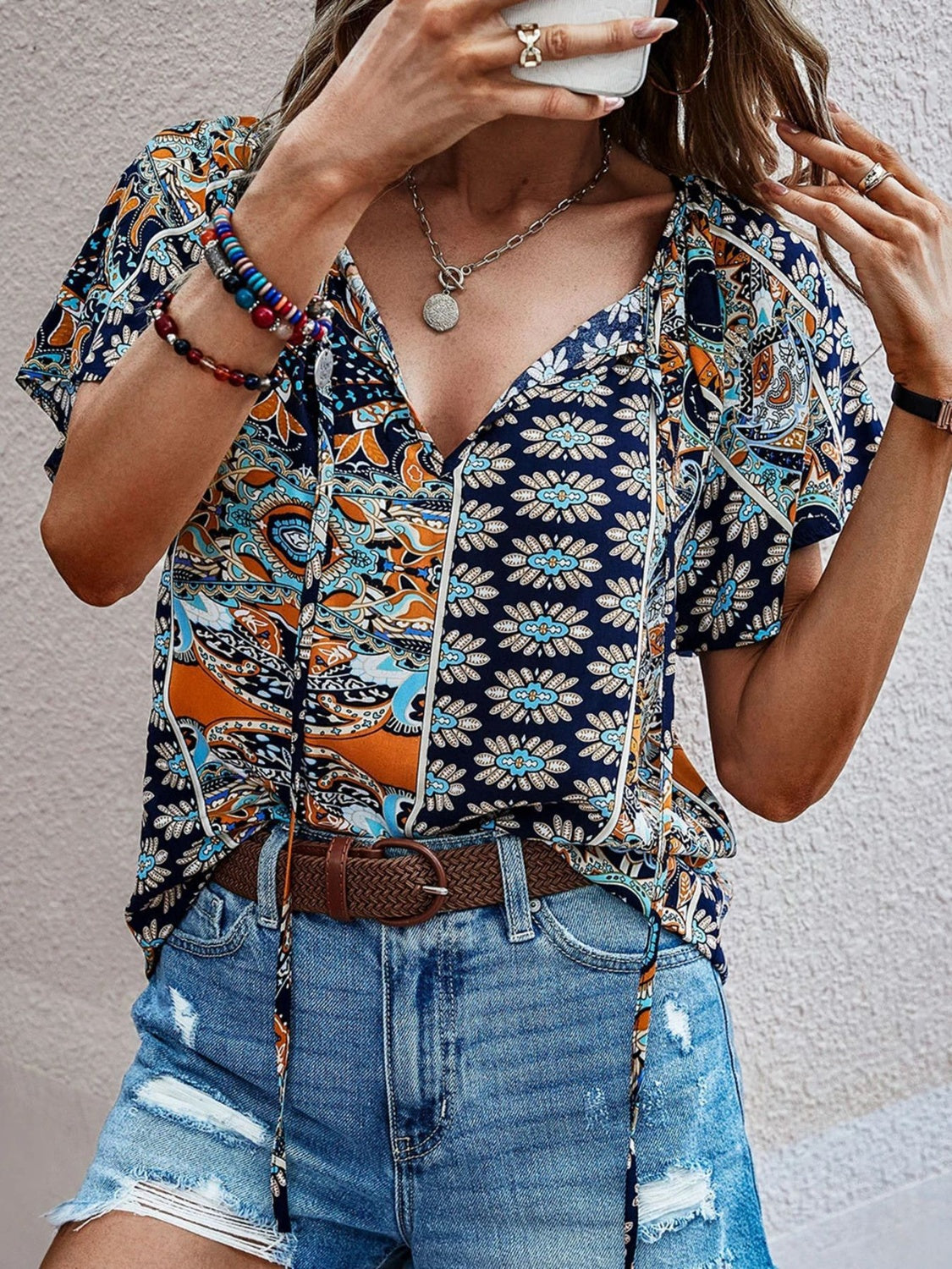 Printed Tie Neck Short Sleeve Blouse