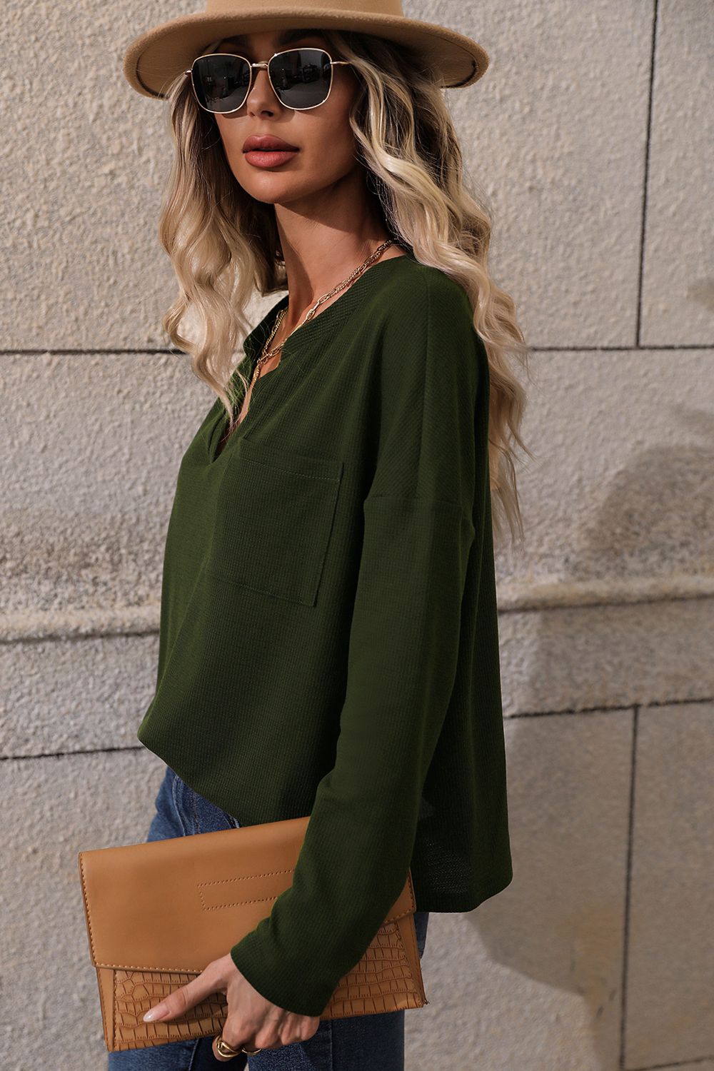 Long Sleeve Notched Neck Blouse