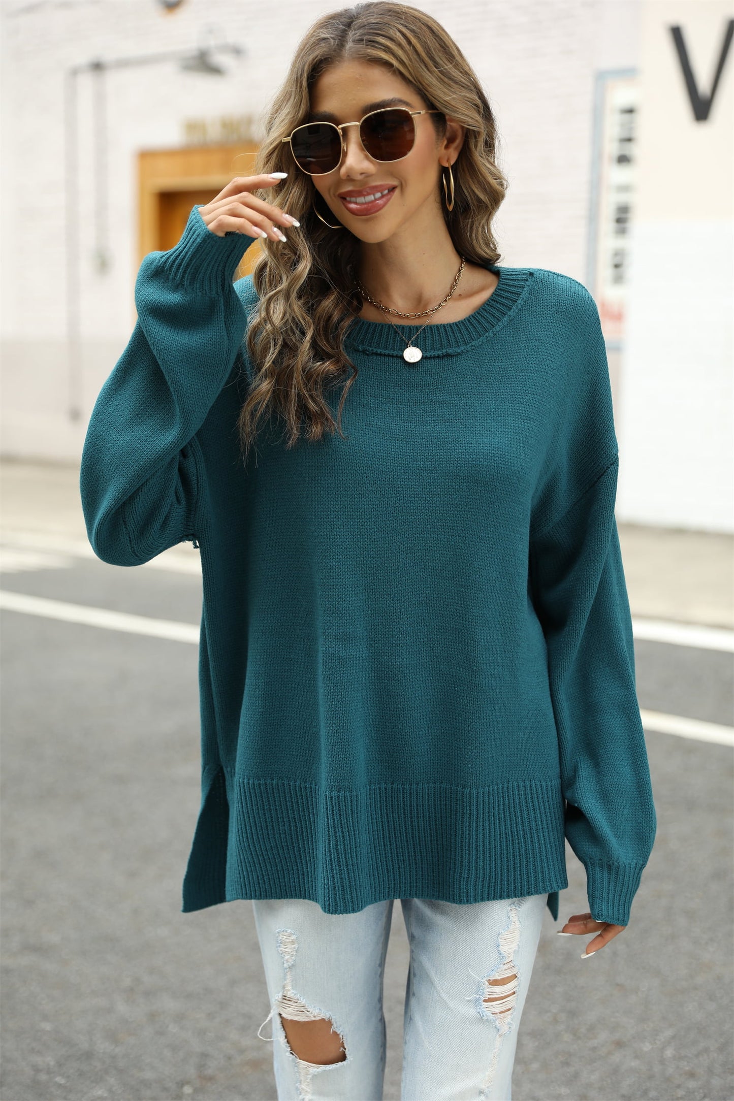 Round Neck Dropped Shoulder Slit Sweater