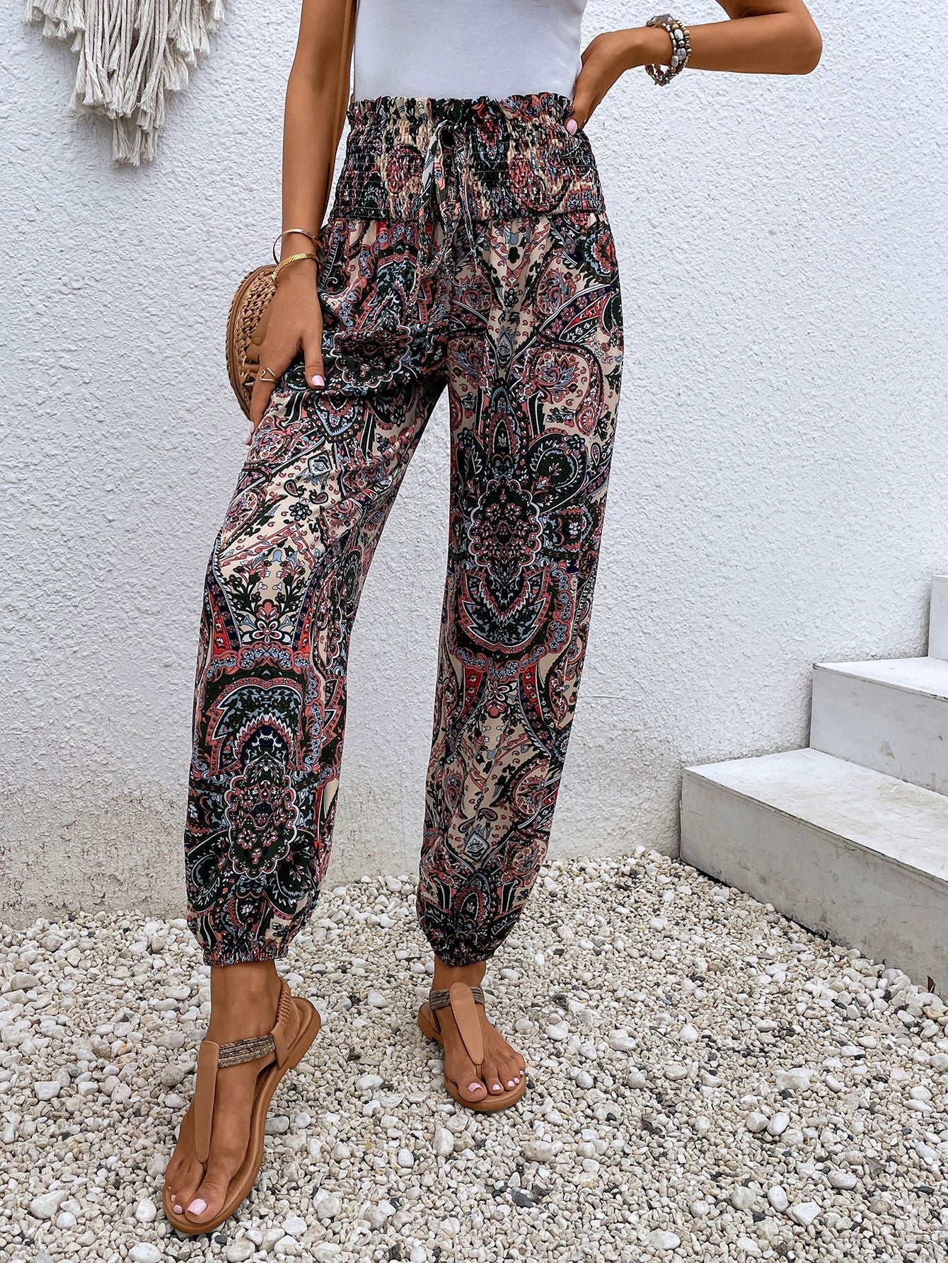 Paisley Print Smocked High-Waist Pants