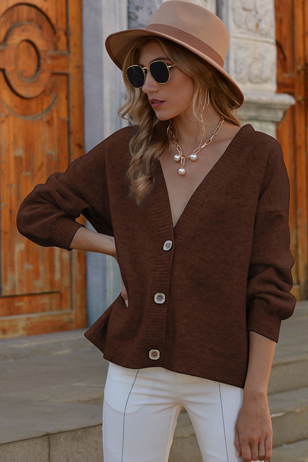 V-Neck Button-Down Dropped Shoulder Cardigan