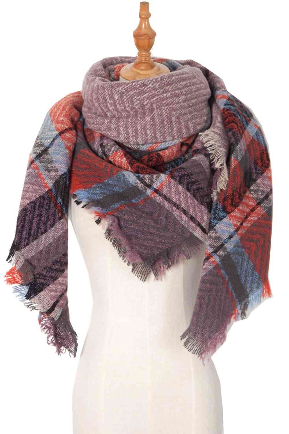 Plaid Raw Hem Polyester Scarf