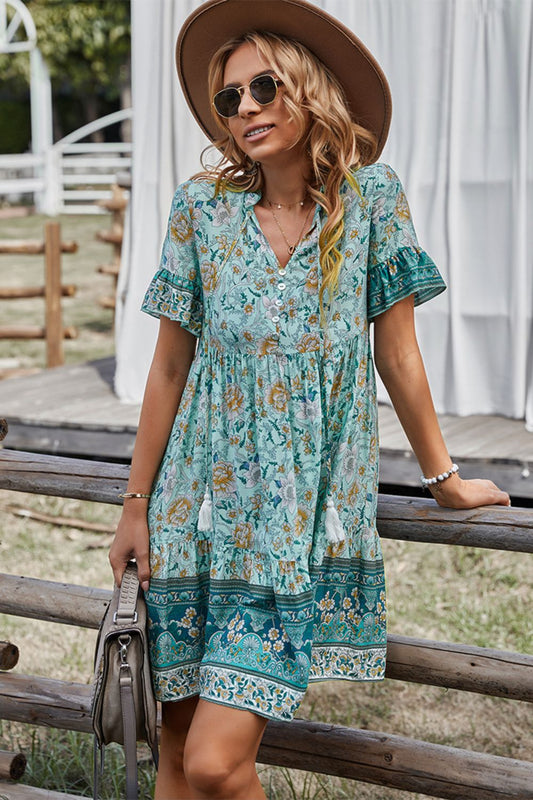 Printed Bohemian Style Tie Neck Flounce Sleeve Mini Dress