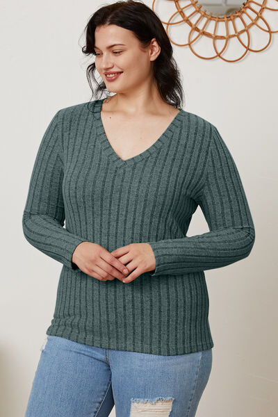 Calm and comfy Full Size Ribbed V-Neck Long Sleeve T-Shirt