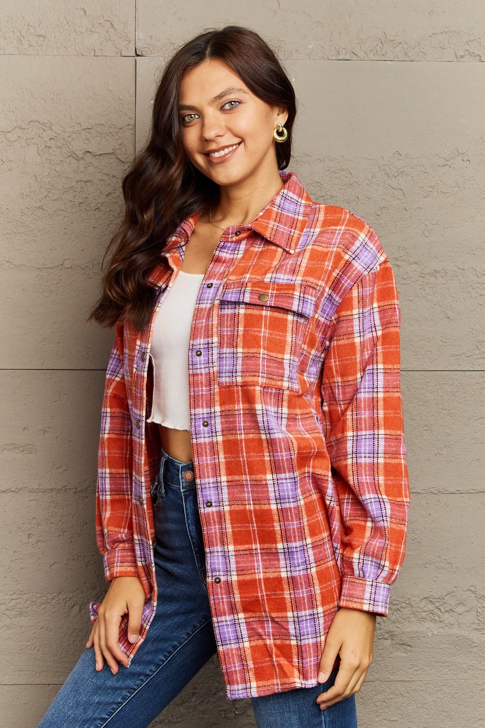 Full Size Plaid Collared Neck Button-Down Long Sleeve Jacket