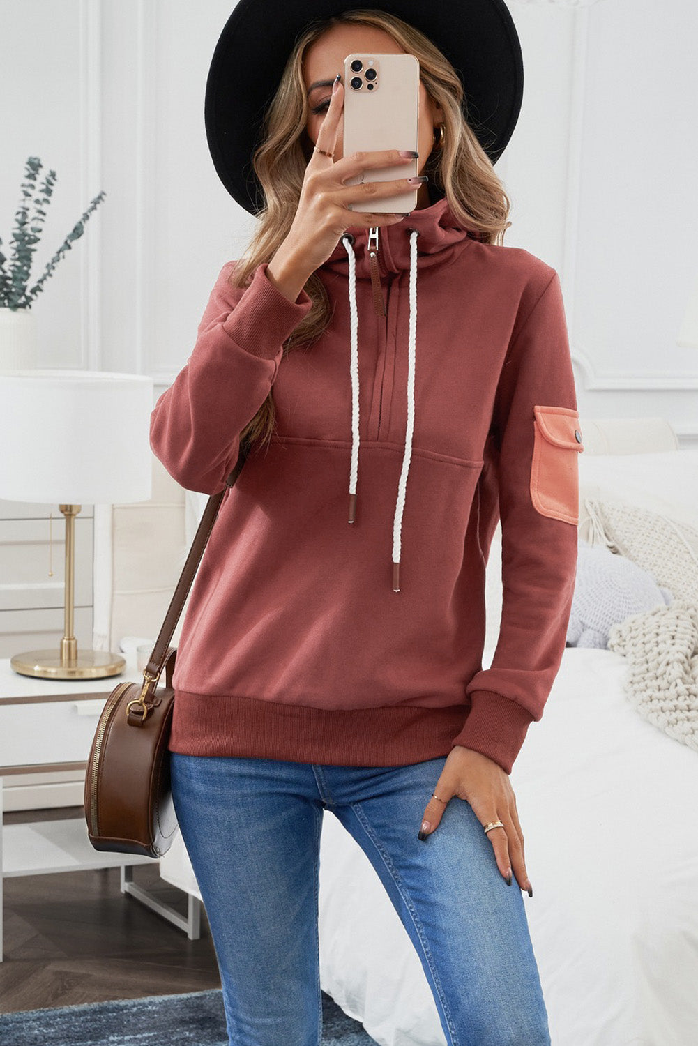 Half Zip Patch Pocket Drawstring Hoodie