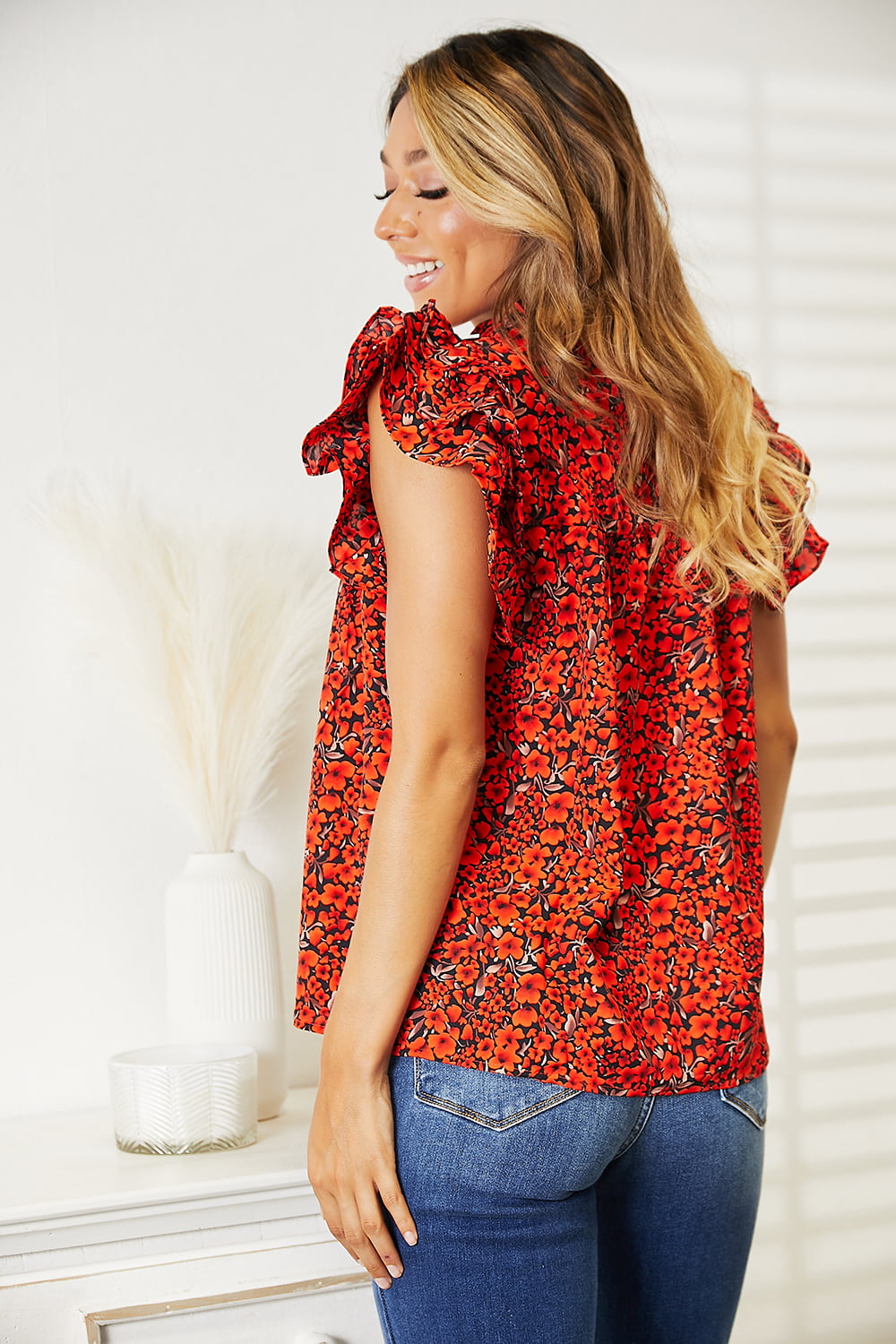 Double Take Floral Flutter Sleeve Notched Neck Blouse