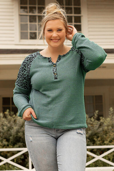 Wanna have fun -Plus Size Leopard Waffle-Knit Long Sleeve T-Shirt