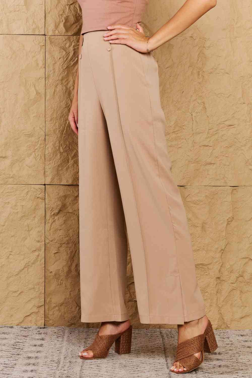 Pretty Pleased High Waist Pintuck Straight Leg Pants in Camel