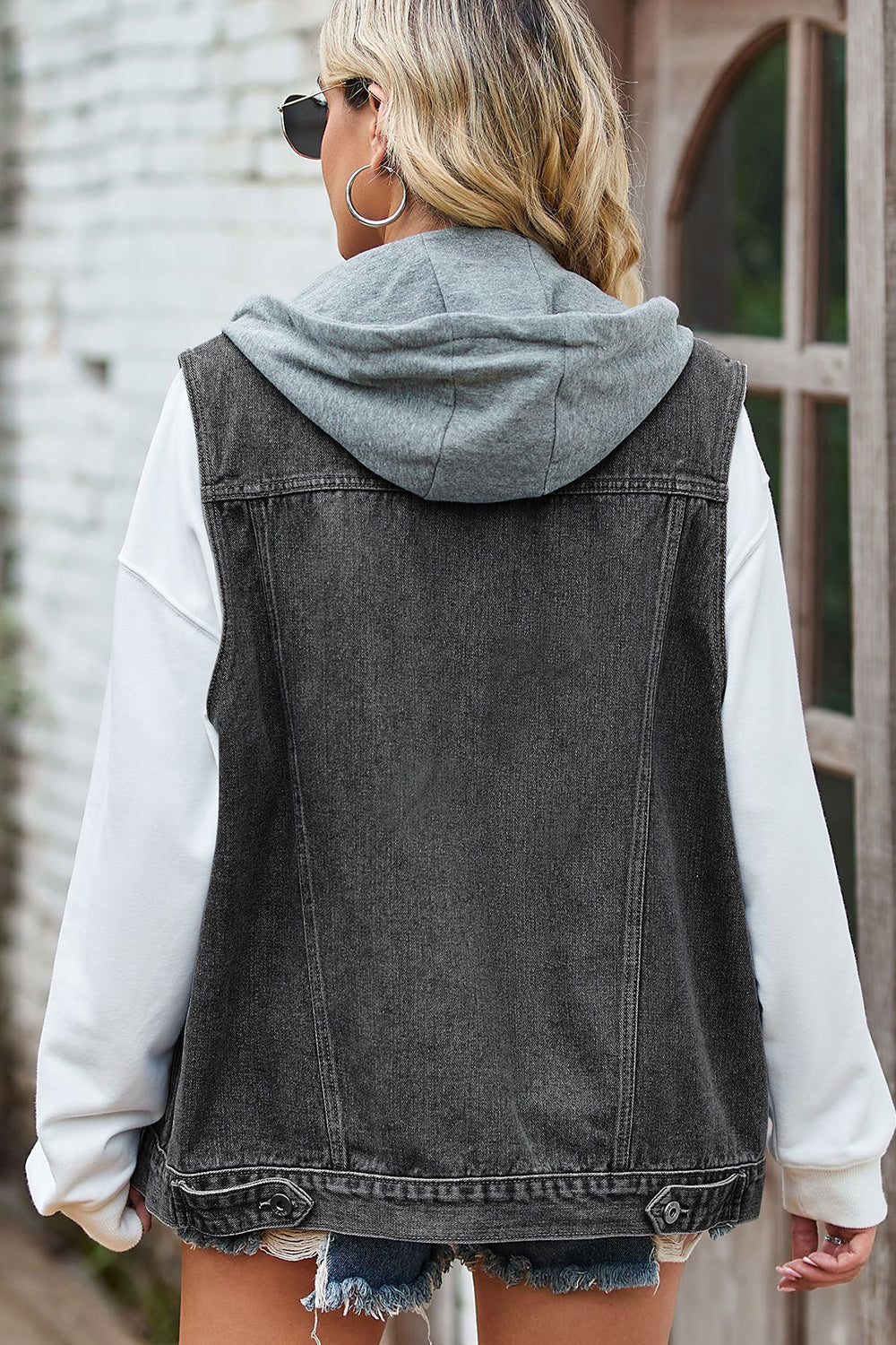 Sleeveless Hooded Denim Jacket with Pockets