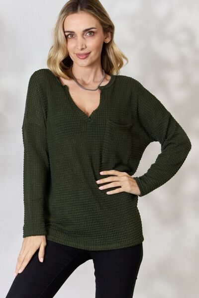 Let’s stay home -BiBi Notched Popcorn Waffle Long Sleeve Top