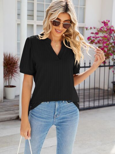 Texture Notched Short Sleeve Blouse