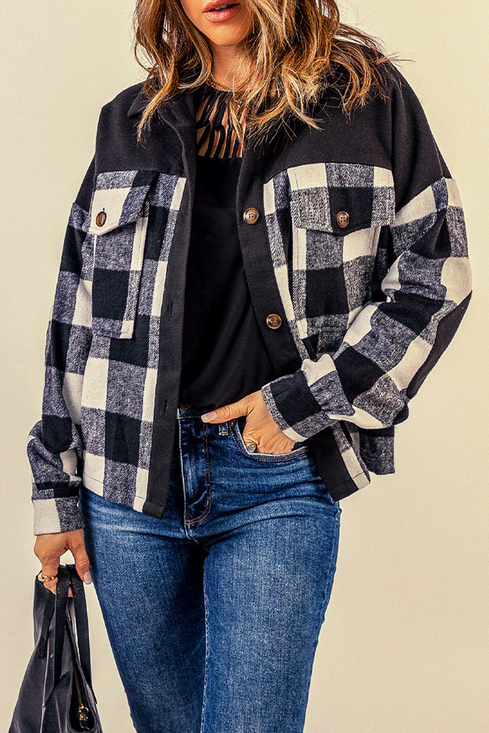 Plaid Button-Up Shirt Jacket with Pockets