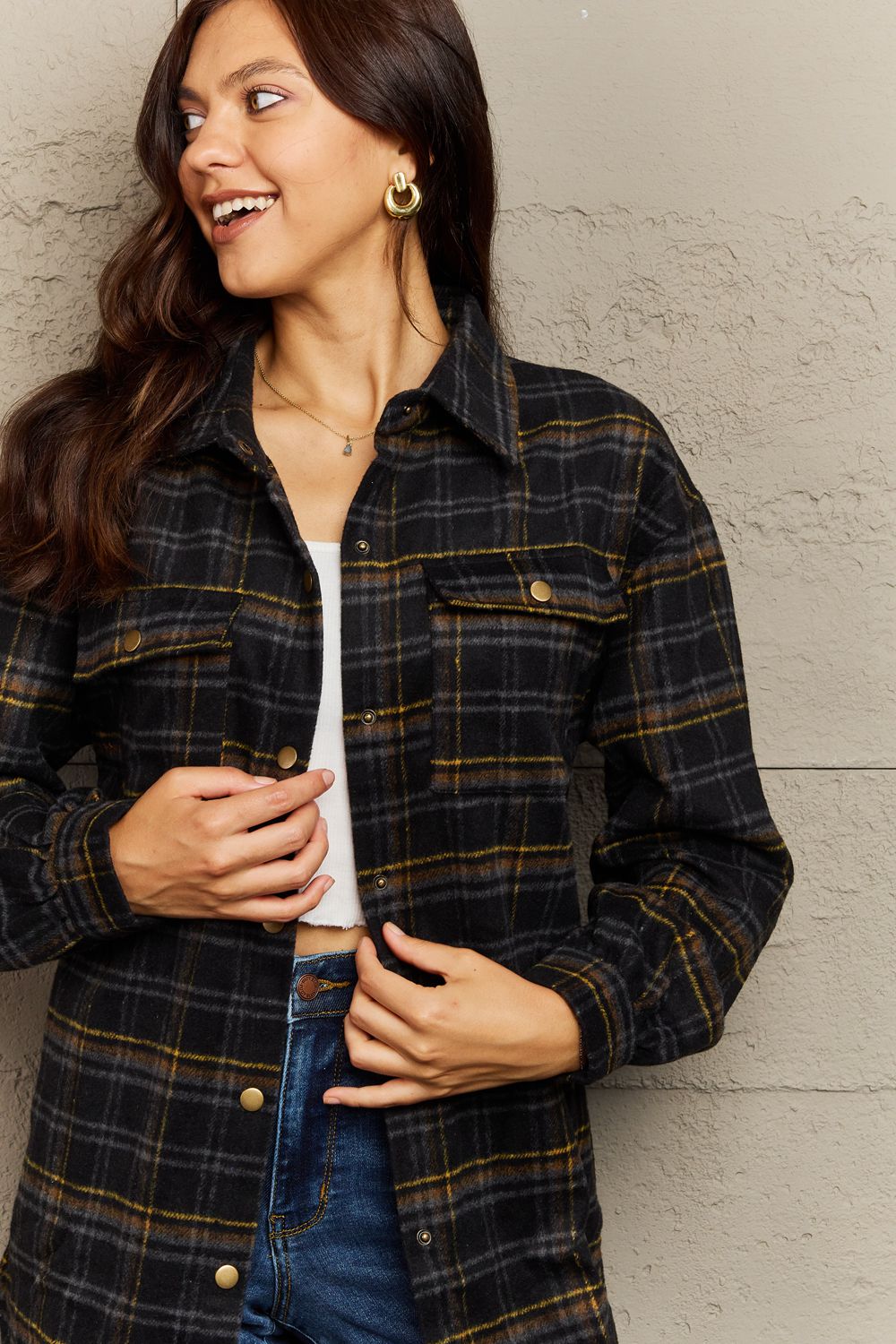 Full Size Plaid Collared Neck Button-Down Long Sleeve Jacket