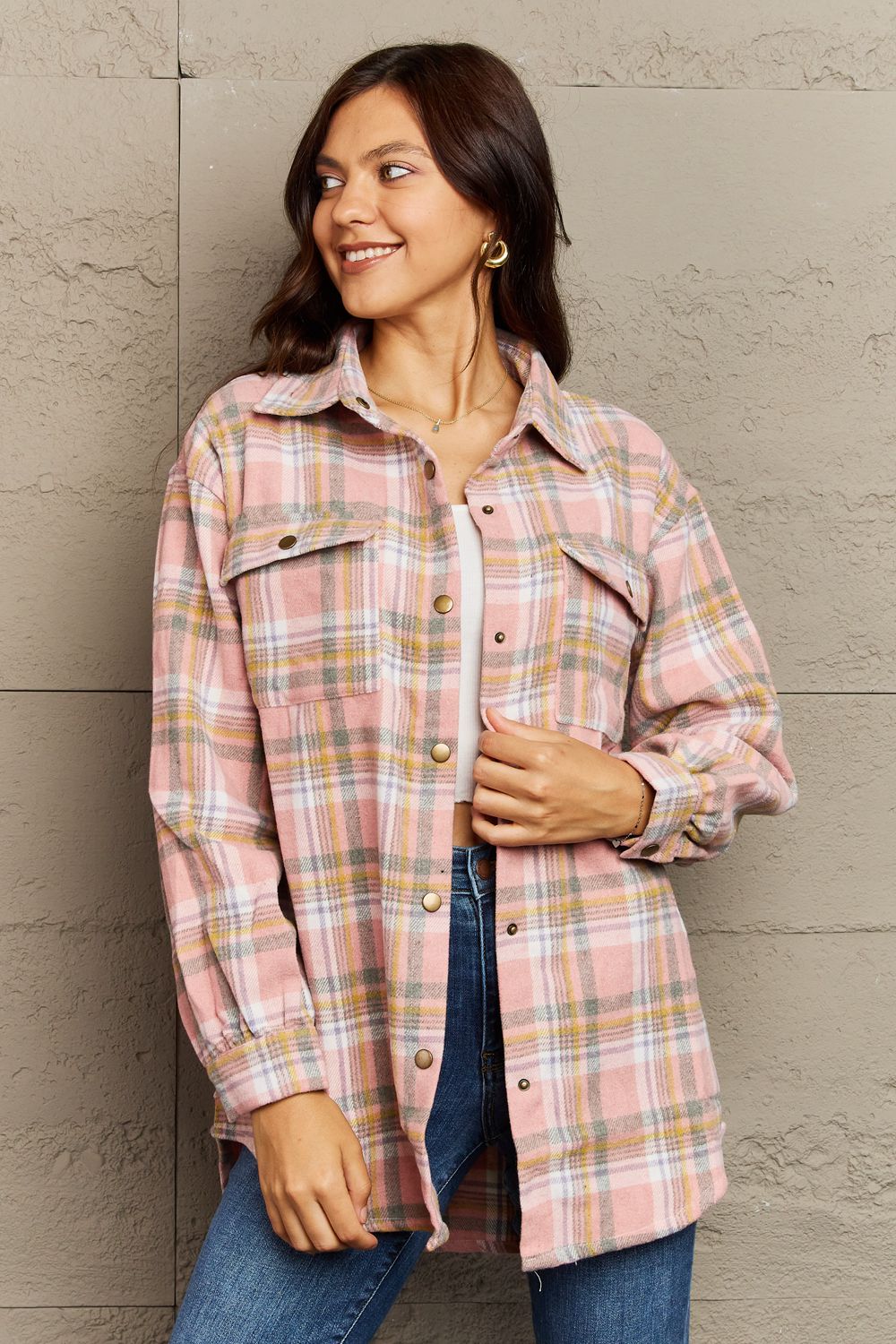 Full Size Plaid Collared Neck Button-Down Long Sleeve Jacket