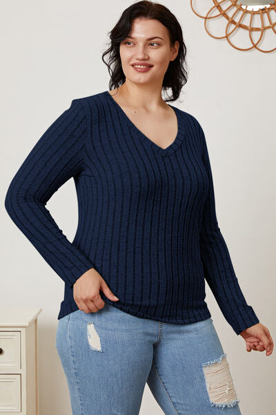 Calm and comfy Full Size Ribbed V-Neck Long Sleeve T-Shirt