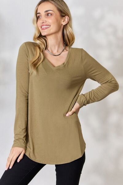 Chai Latte -Zenana Full Size V-Neck Long Sleeve T-Shirt