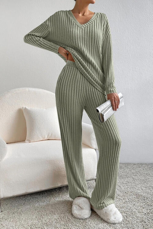 On top of the world -Ribbed V-Neck Top and Pants Set